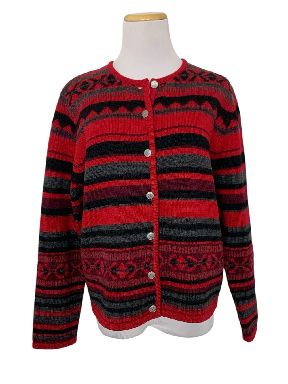 Karen Scott 100% Wool Striped knit Cardigan Sweater Womens Petite Large Red